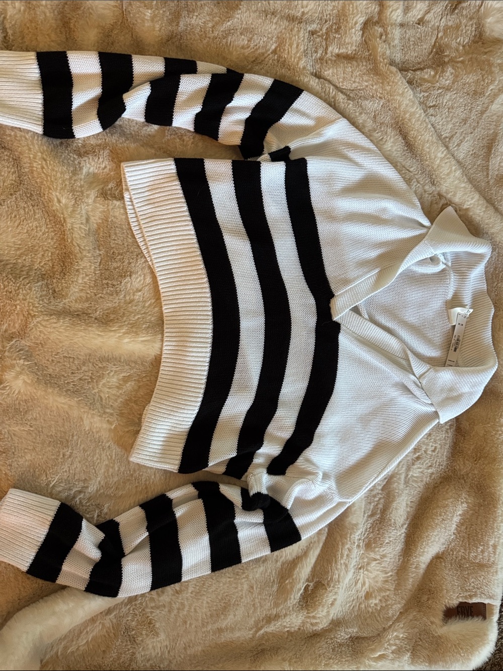 Victoria's Secret White and Black Striped Cropped Turtleneck Sweater